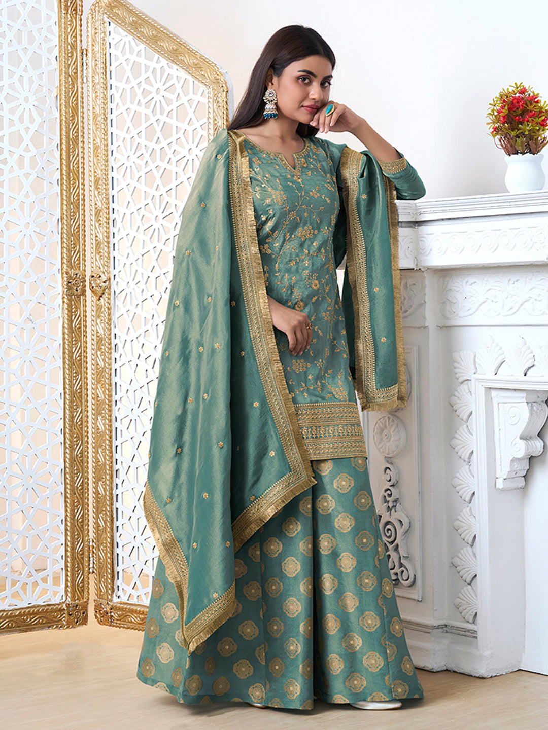 Turquoise Tissue with Pitta work Gold Jhalar Dupatta Sharara Suit Set - qivii