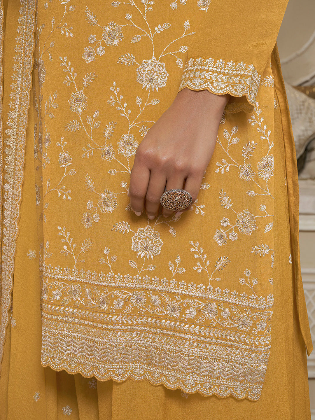 Yellow Floral Pattern, Thread and Sequins Embroidered Sharara Suit Set - qivii
