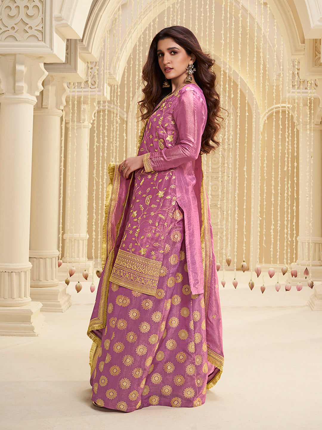 Lavender Tissue with Pitta work Gold Jhalar Dupatta Sharara Suit Set - qivii