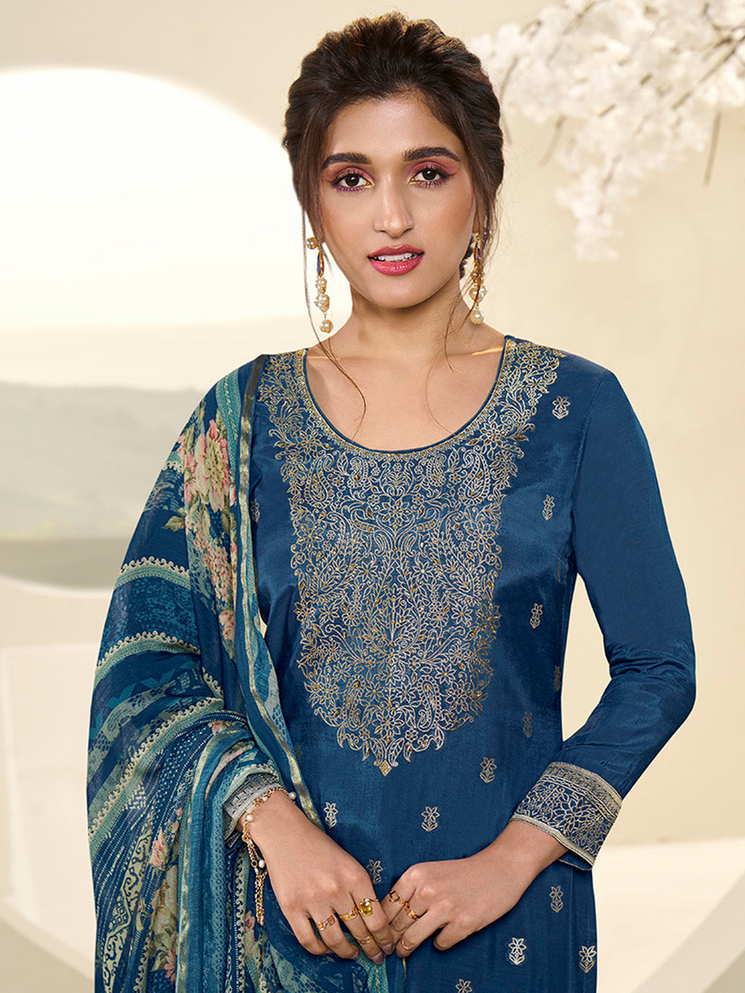 Muslin Jacquard Kurta Suit Set with Pencil Sketch Weave Handwork on Yoke