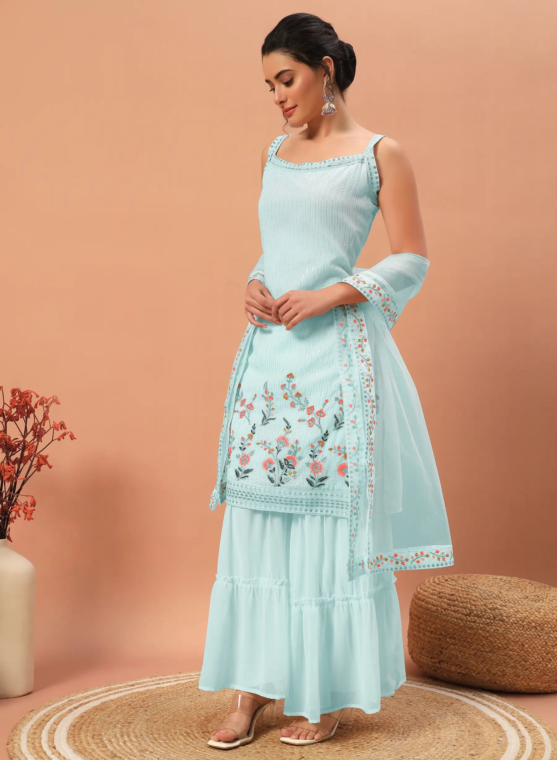 Sky Blue Georgette Sequence Embroidery Work Salwar Suit - qivii