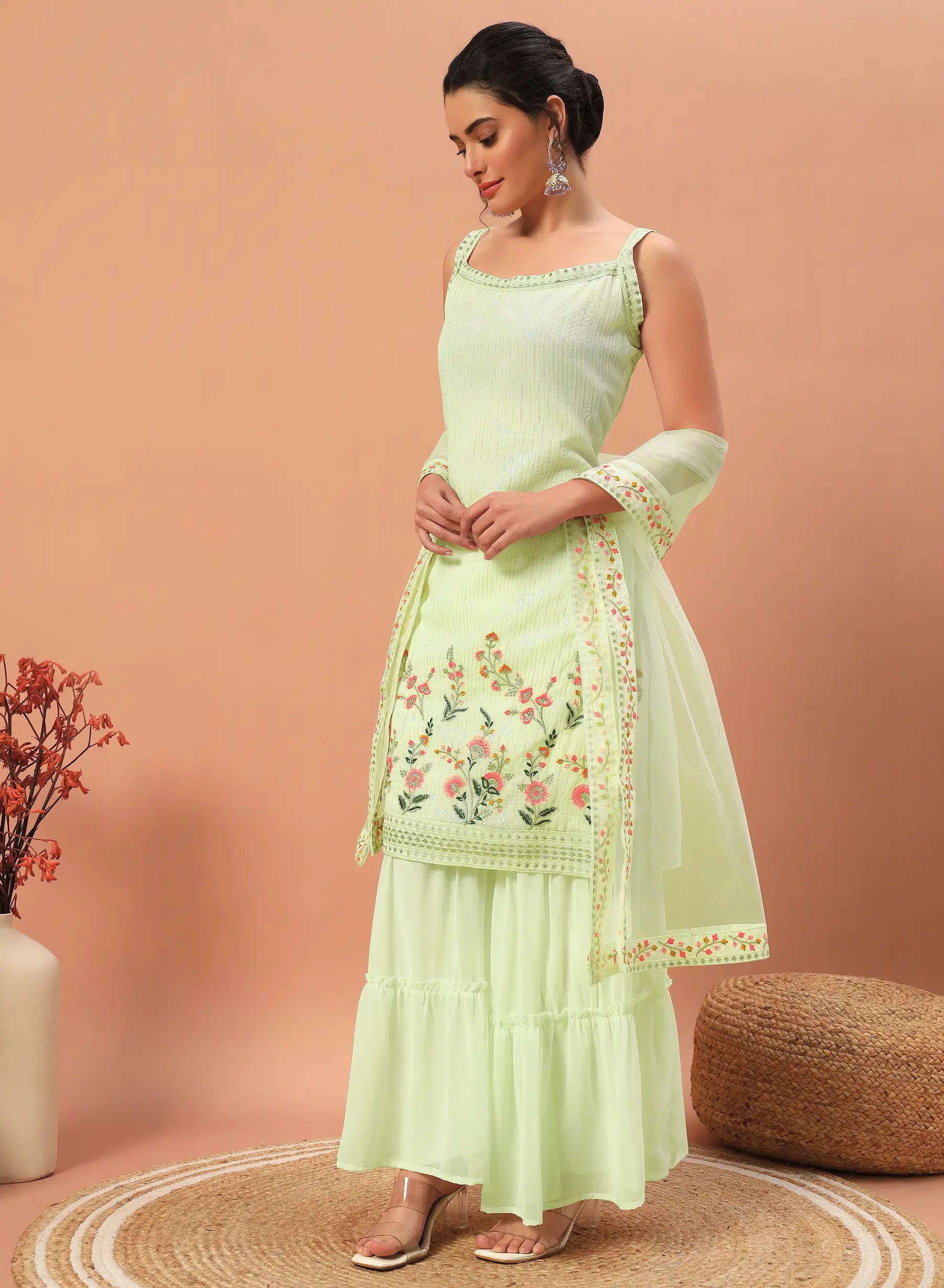 Pista Green Georgette Sequence Embroidery Work Salwar Suit