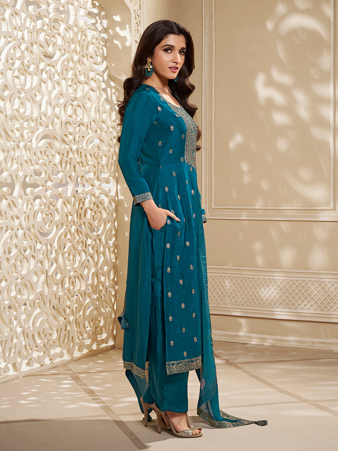 Dola Silk Jacquard Blue Kurta With designer Yoke and handwork with trousers and Dupatta