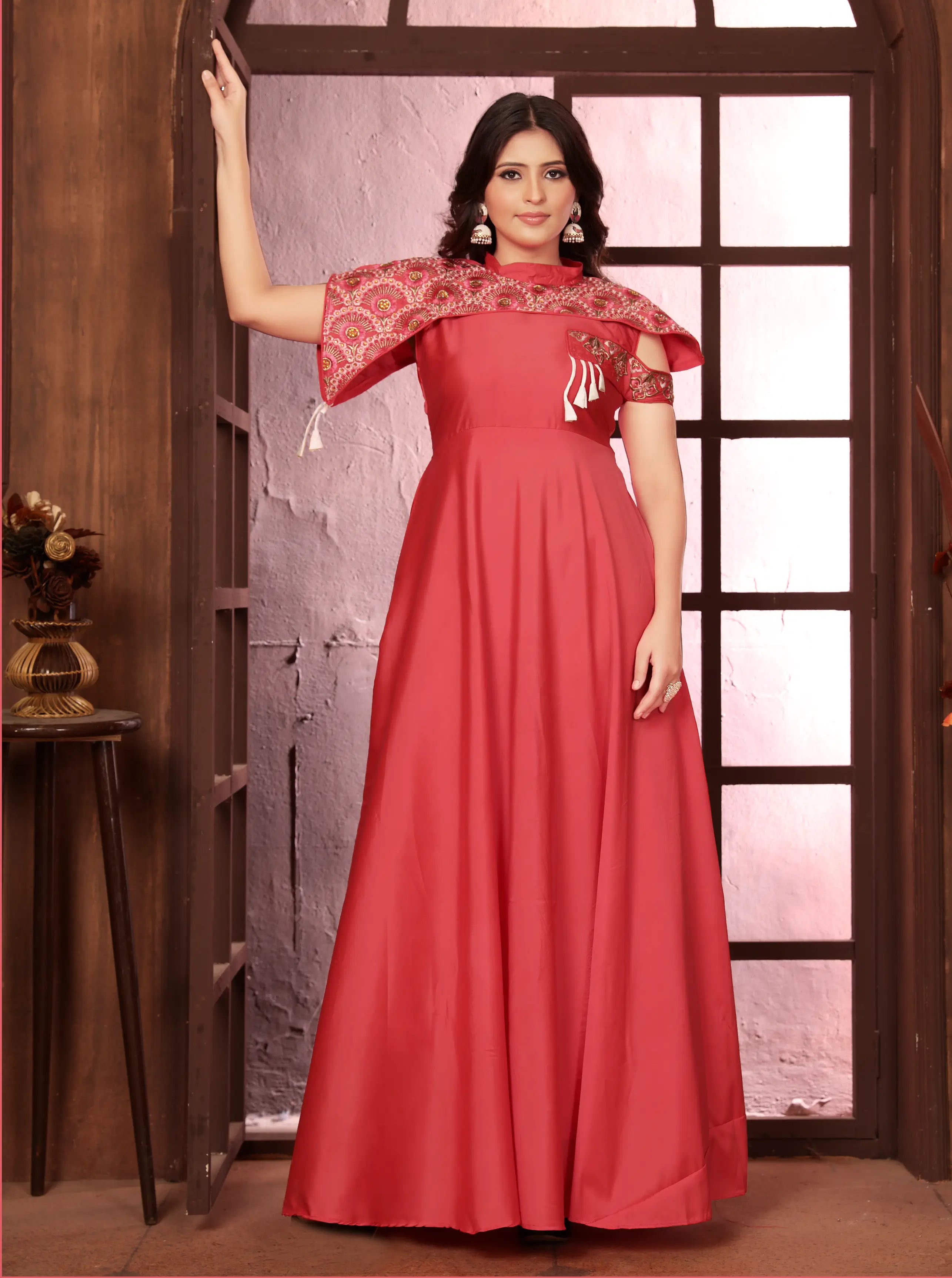 Orange Gown With Heavy Embroidery Work - qivii