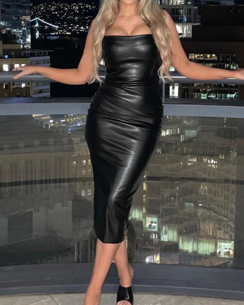 Sexy Slim Fit Leather Vest Maxi Dress with Suspenders for Curvy Women - By Qivii