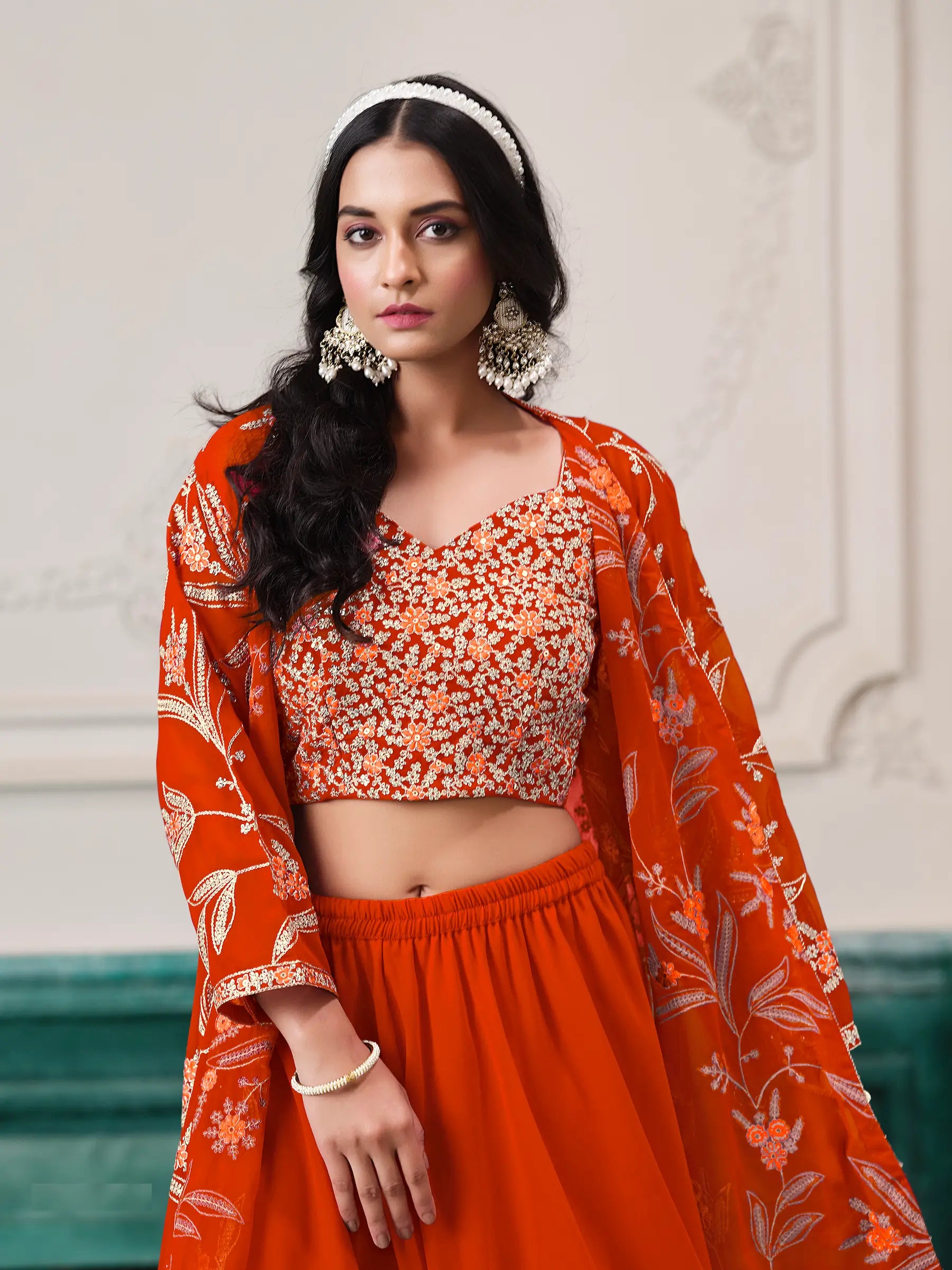 Orange Georgette Indo Western Set With Thread & Sequins Embroidery Work - qivii
