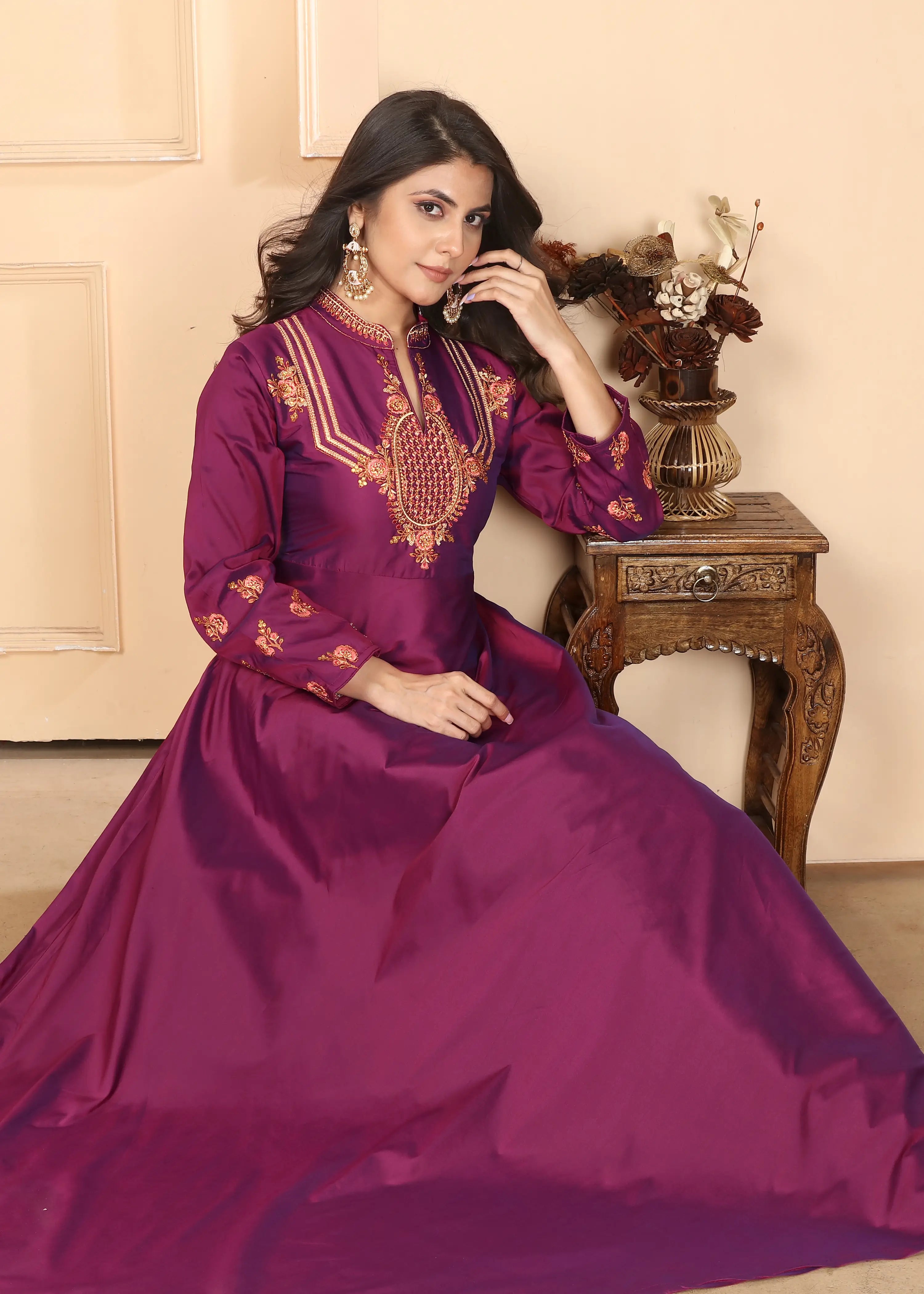 Dark Pink Gown With Heavy Embroidery Work - qivii