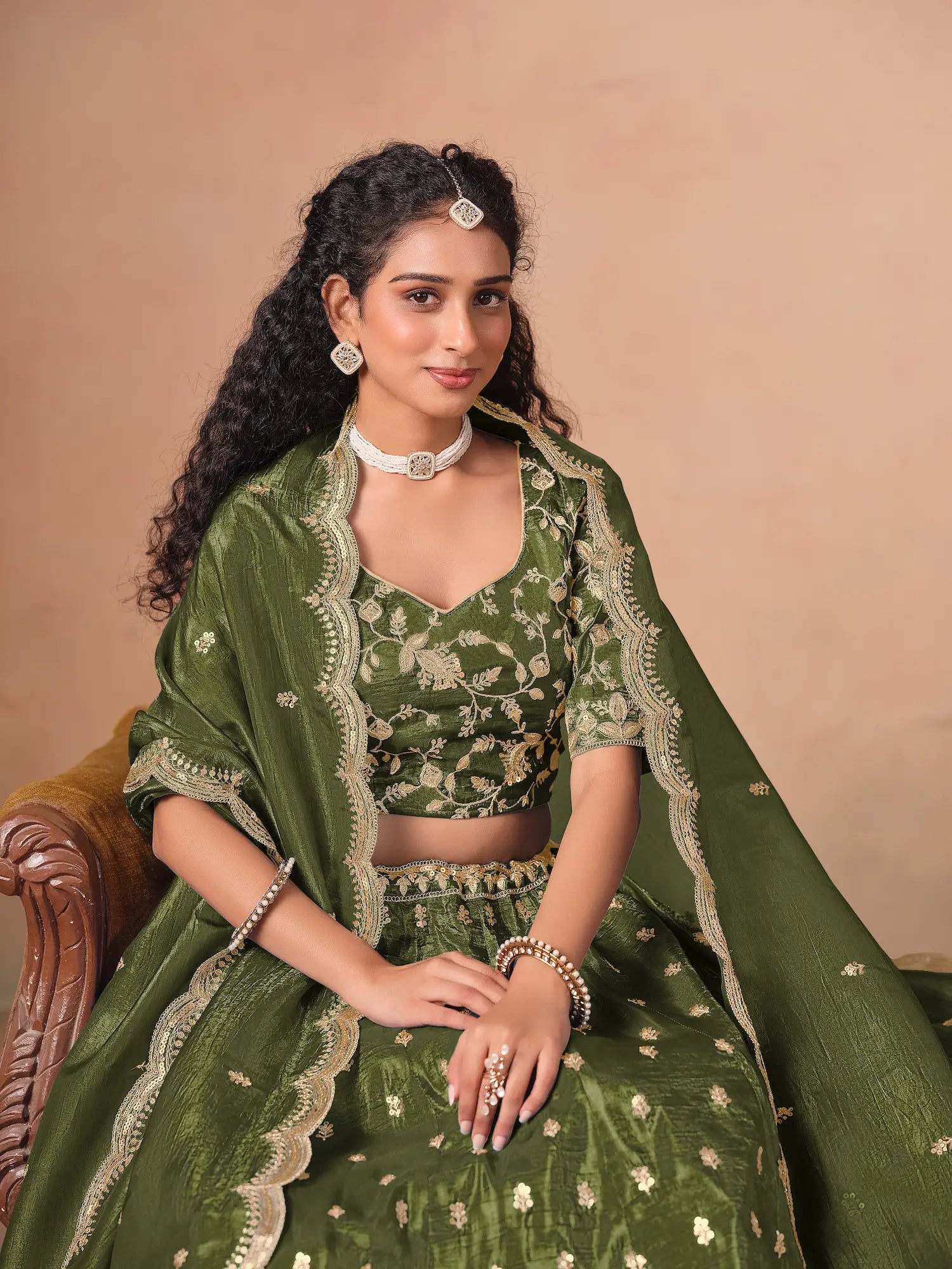 Army Green Organza Embroidery Work Lehenga Choli - qivii