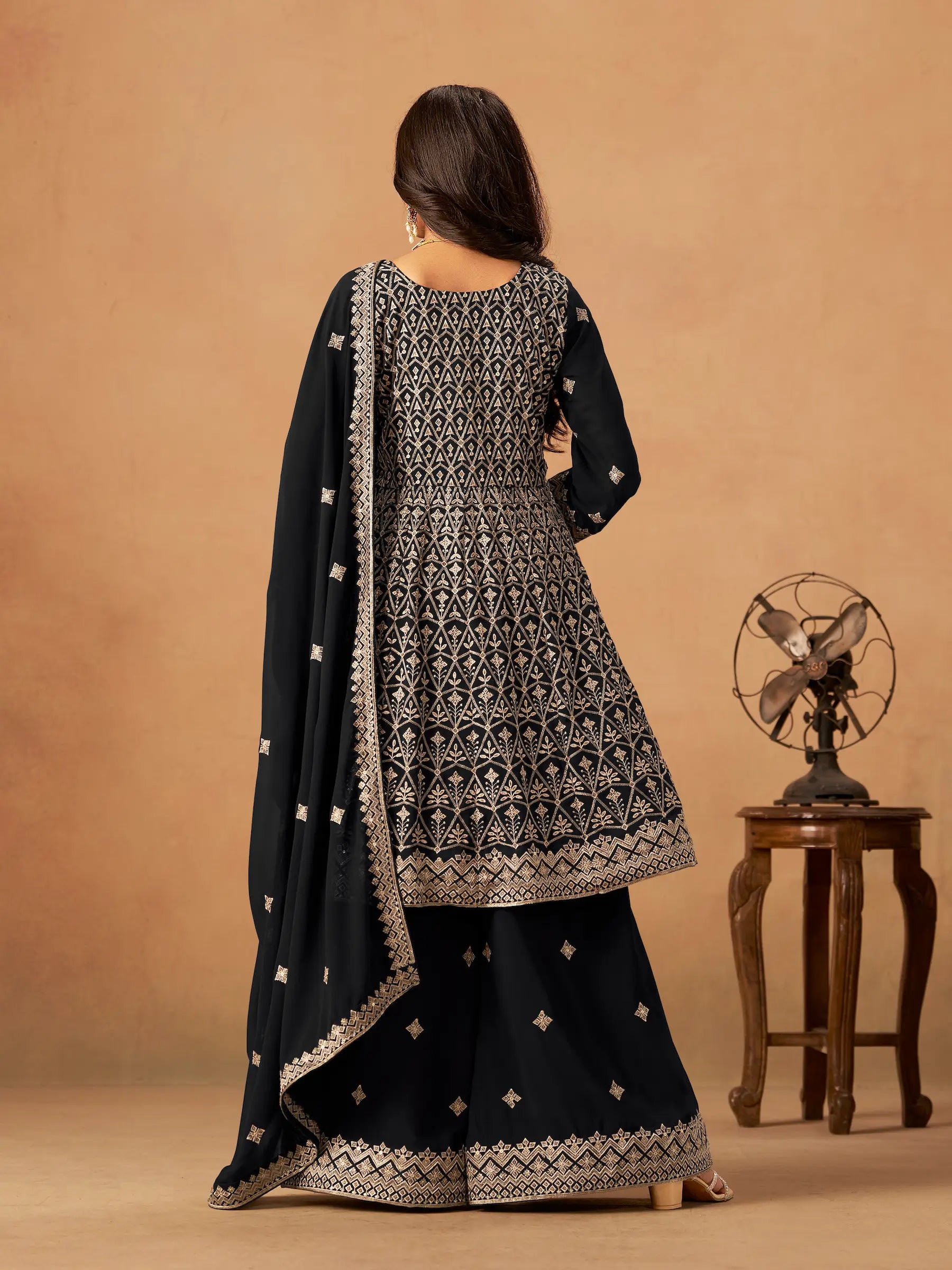 Black Georgette Embroidery Work Palazzo Set - qivii