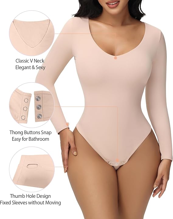 Shapshe® Women's Long Sleeve V Neck Seamless Bodysuits Tummy Control Thong Shapewear - By Qivii