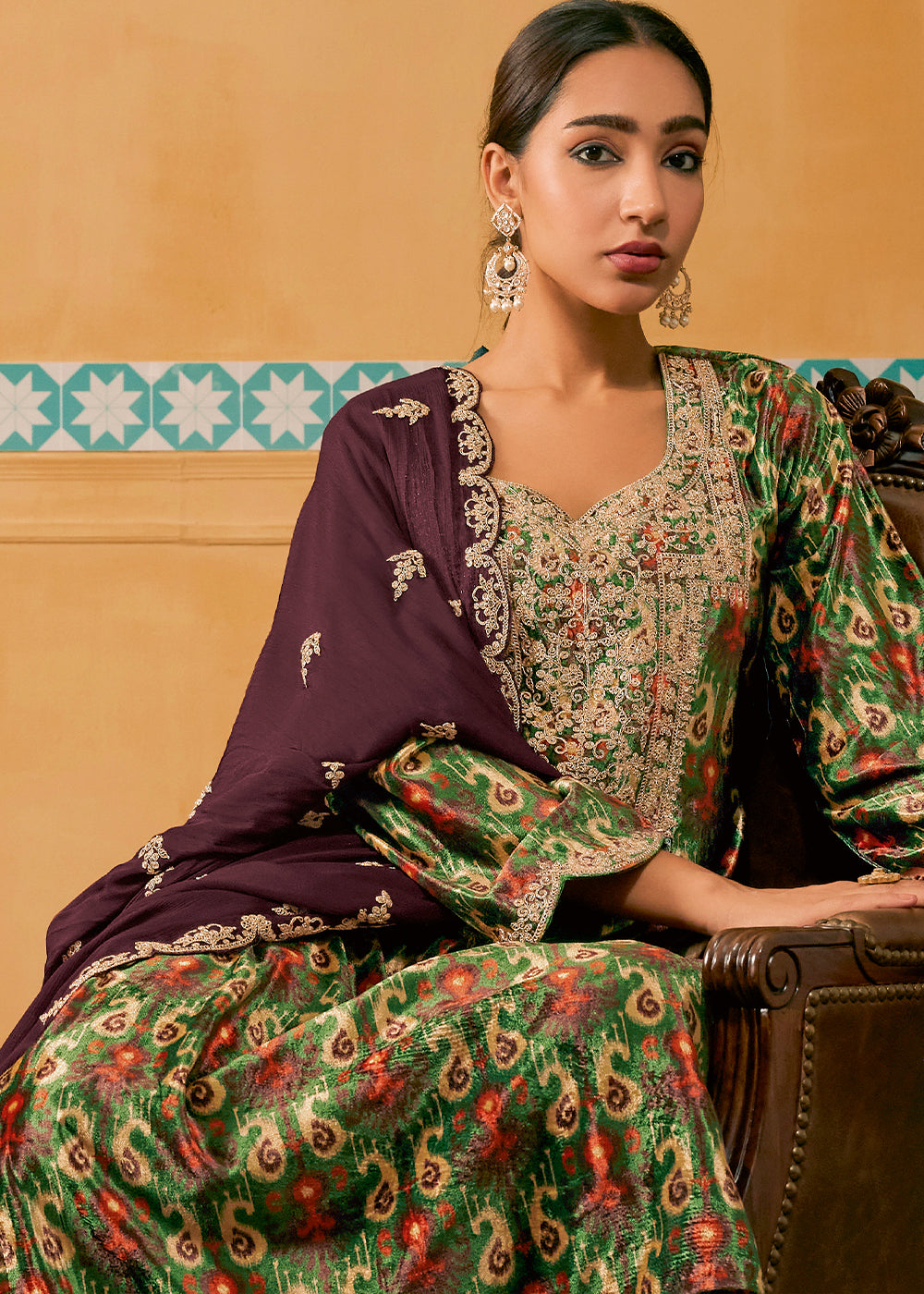 Forest Green Velvet Salwar Suit with Embroidery work - qivii