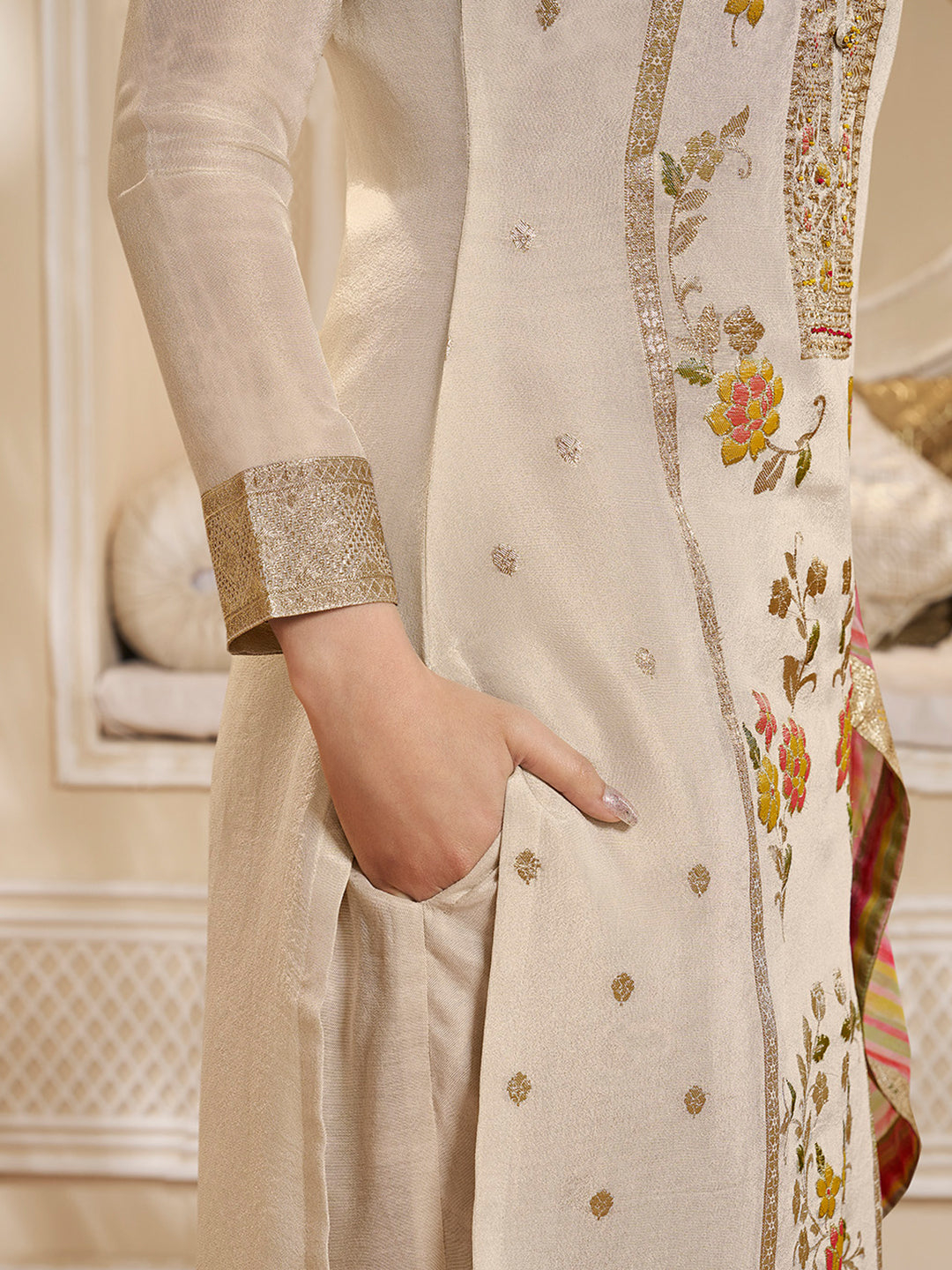 Cream Tissue Silk Meena Jacquard Designer Panel Work Kurta Suit Set