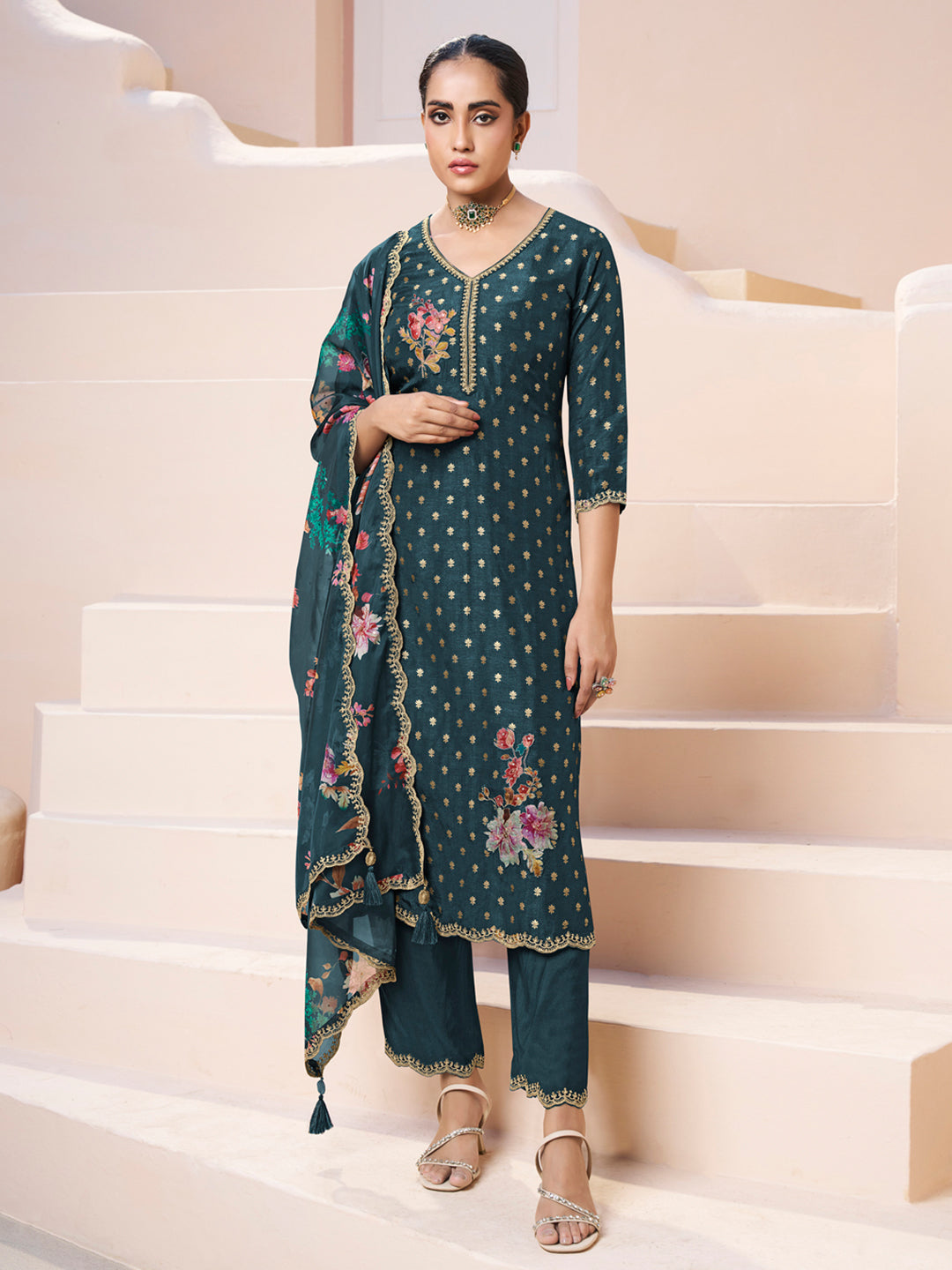 Dark Teal Green Applique Jacquard Kurta with Floral Print Dupatta - qivii