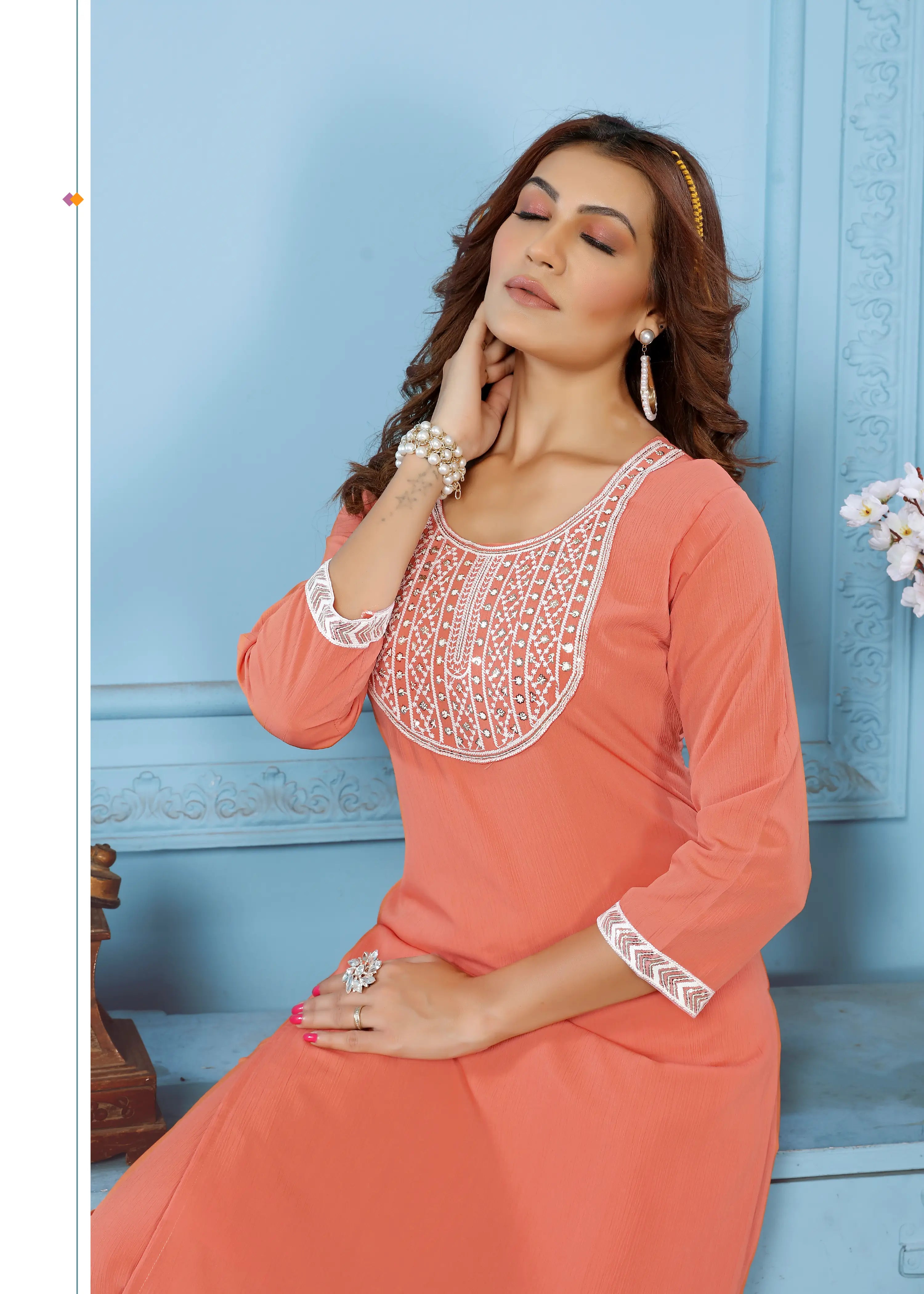 Orange Kurta Set With Embroidery Work - qivii