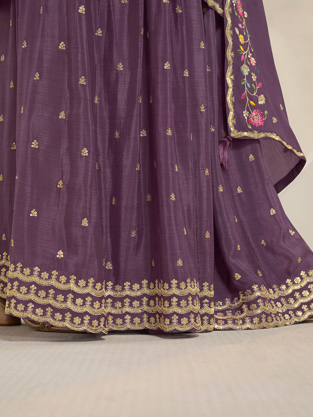 Purple Multi Colour Floral Thread & Embroidered Sharara Suit Set