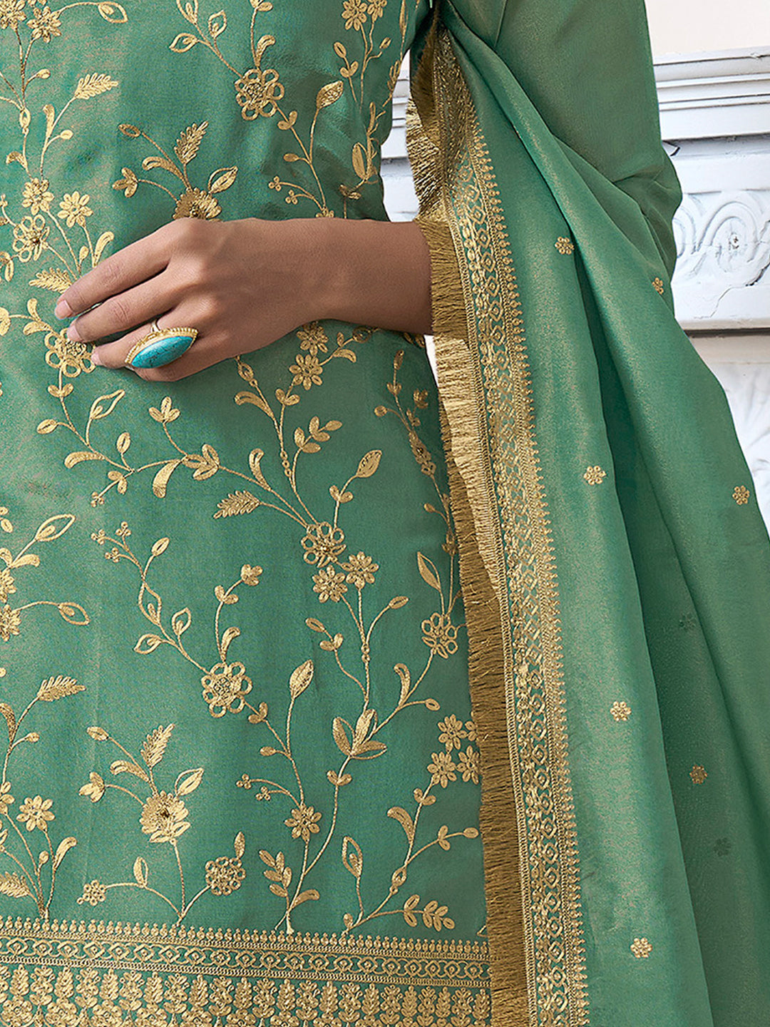 Lime Green Sharara Suit Set in Tissue with Pitta Work Dupatta