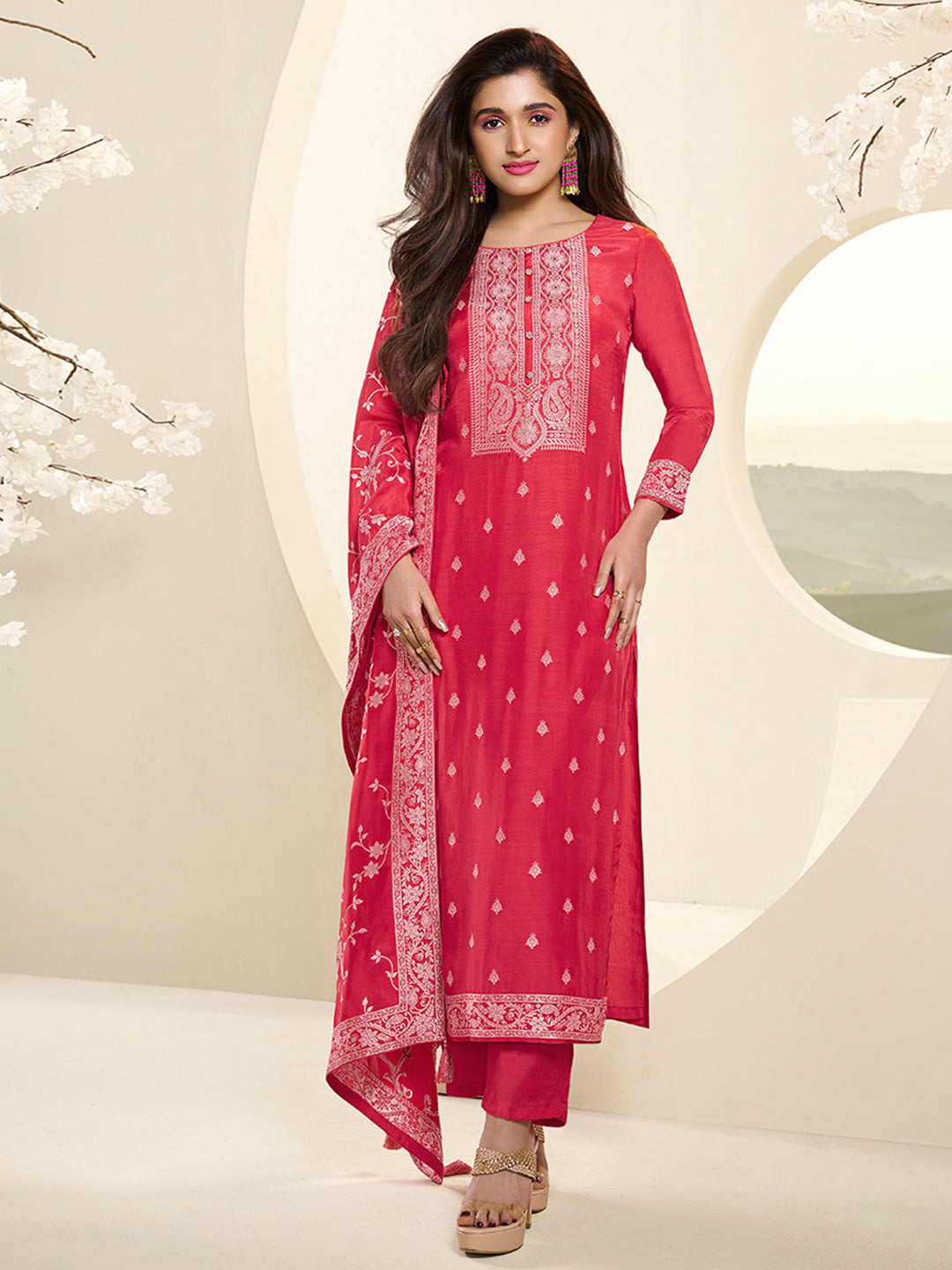 Muslin Jacquard Amaranth Kurta Suit Set with White Thread Weave with Handcrafted Buttons