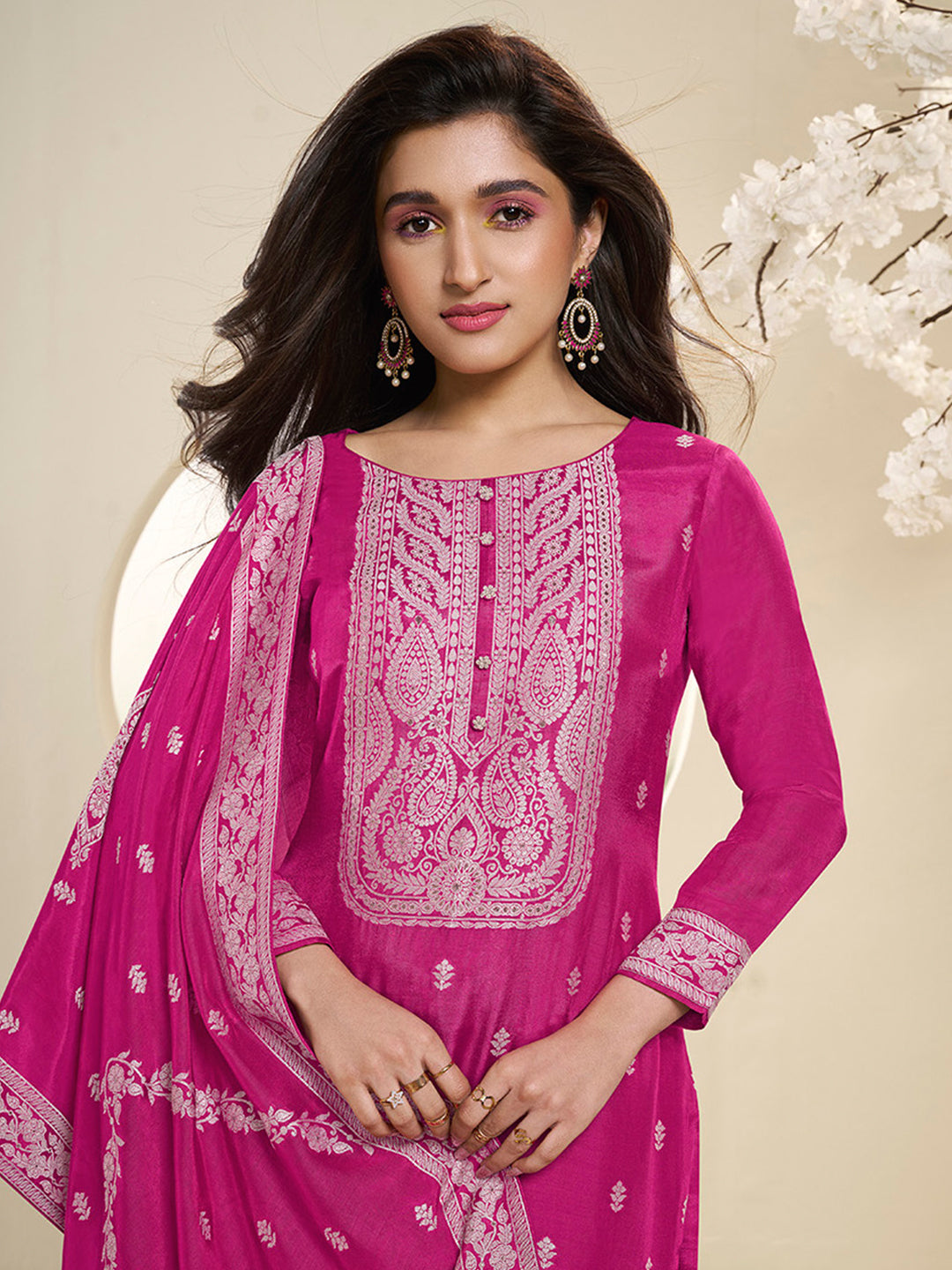 Muslin Jacquard Burnt Pink Kurta Suit Set with White Thread Weave with Handcrafted Buttons