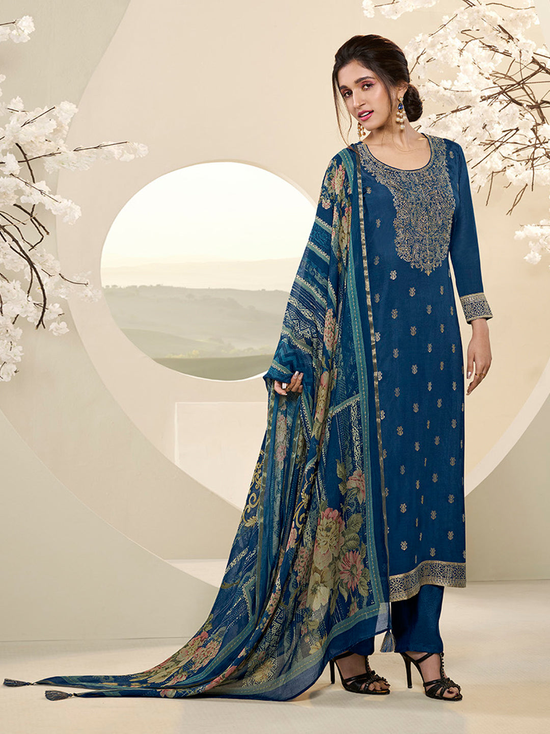 Muslin Jacquard Kurta Suit Set with Pencil Sketch Weave Handwork on Yoke