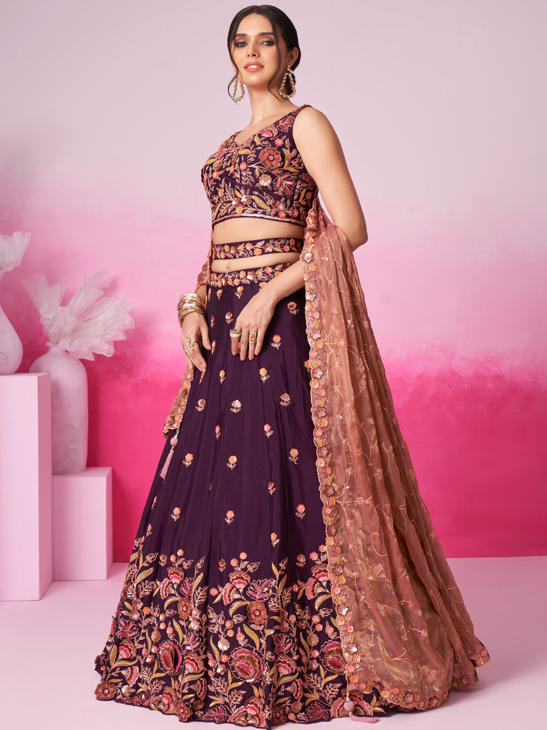 Burgundy - Golden Dull-Bright Sequin,Threaded,Zarkan Embroidered Organza Semi-Stitched Lehenga choli - qivii