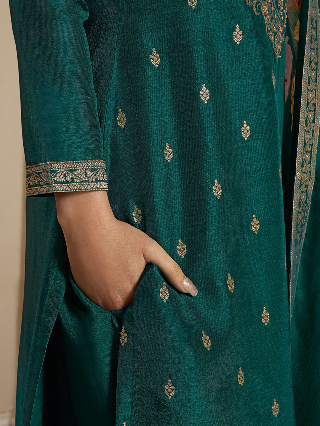 Dola Silk Jacquard Green Kurta With designer Yoke and handwork with trousers and Dupatta