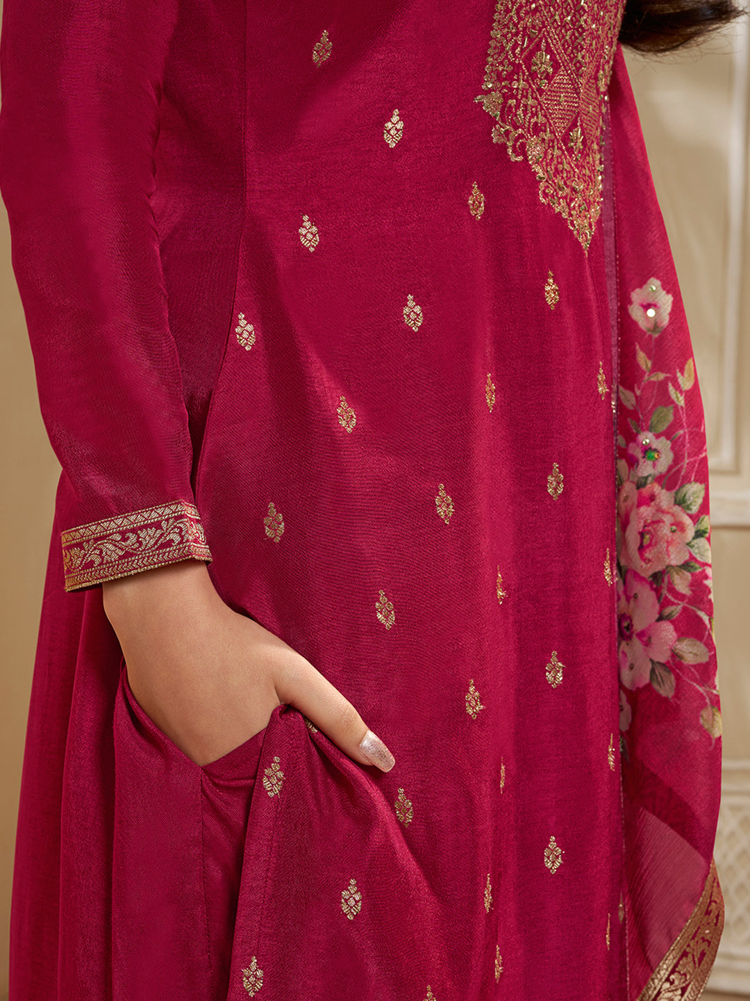 Dola Silk Jacquard Red Kurta With designer Yoke and handwork with trousers and Dupatta