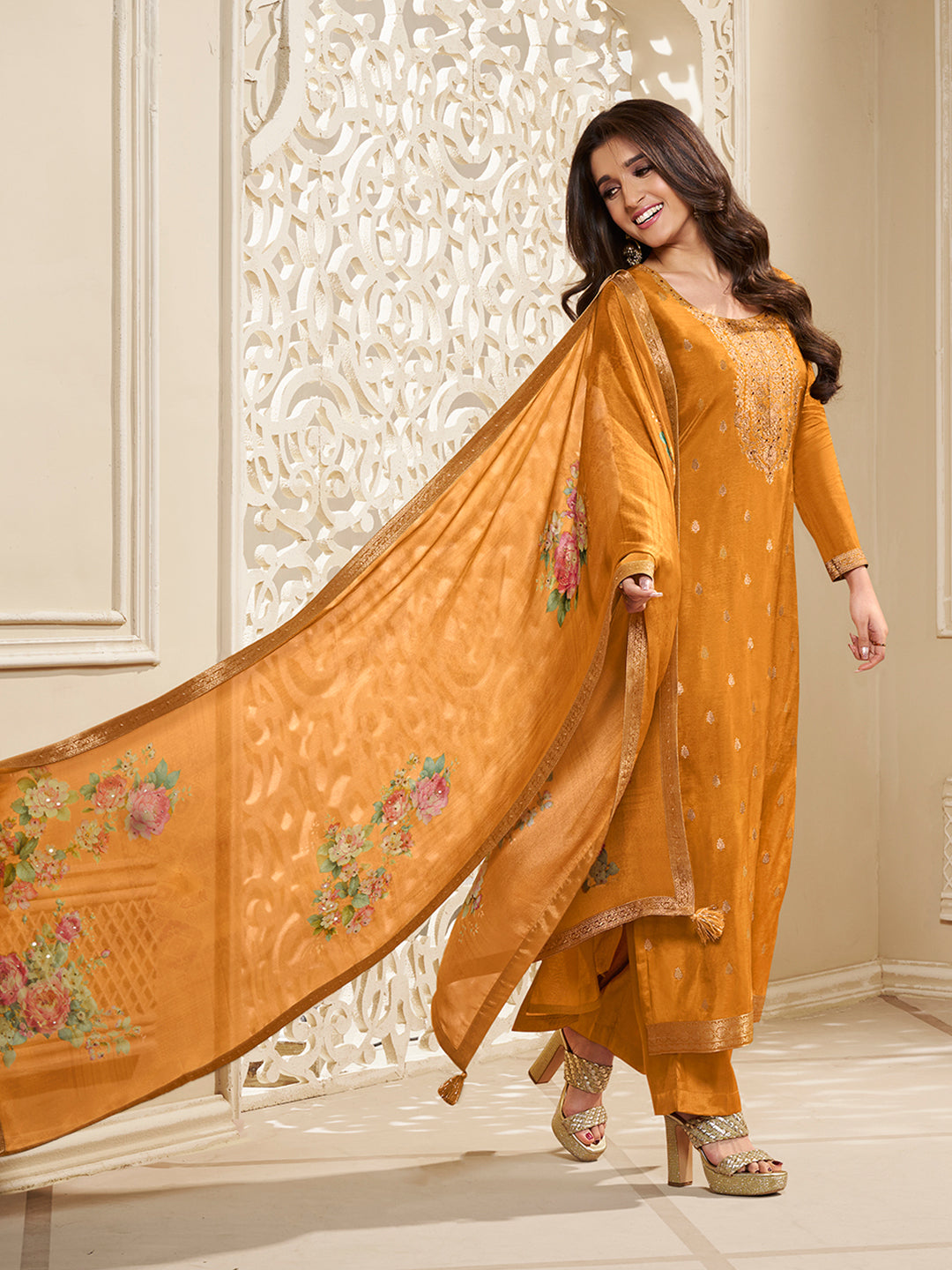 Dola Silk Jacquard Yellow Kurta With designer Yoke and handwork with trousers and Dupatta