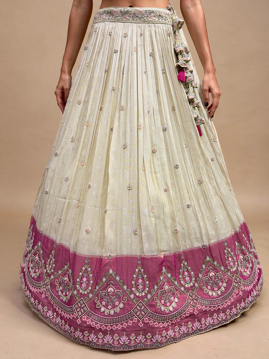 Cream & Pink Color Jacquard Tissue Sequined Embroidered Lehenga set