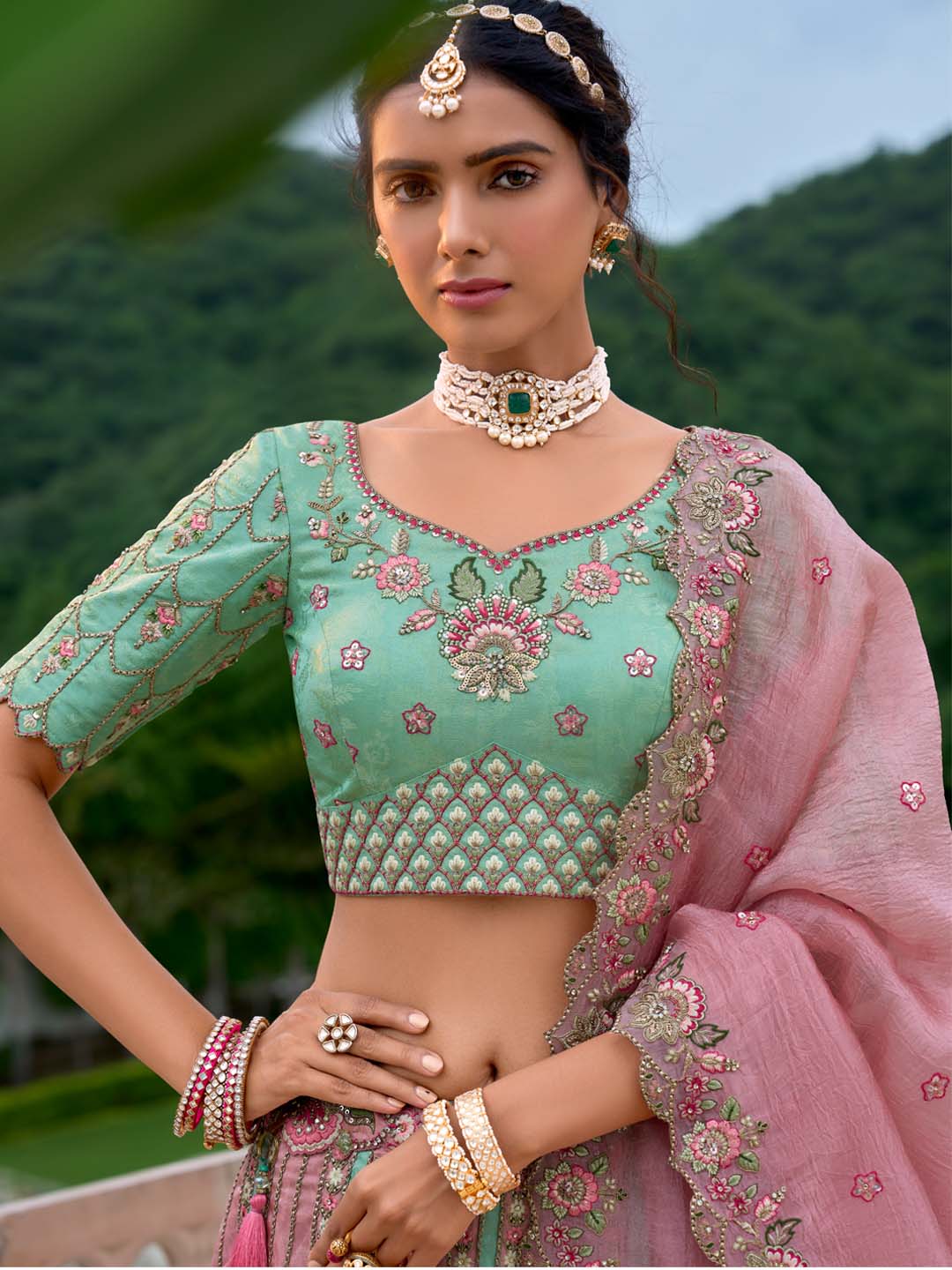 Seagreen-Pink Pure Viscos Patch-Work Embroidered Semi Stitched Lehenga Choli - qivii