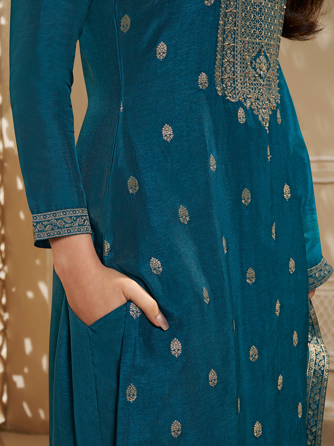 Dola Silk Jacquard Blue Kurta With designer Yoke and handwork with trousers and Dupatta