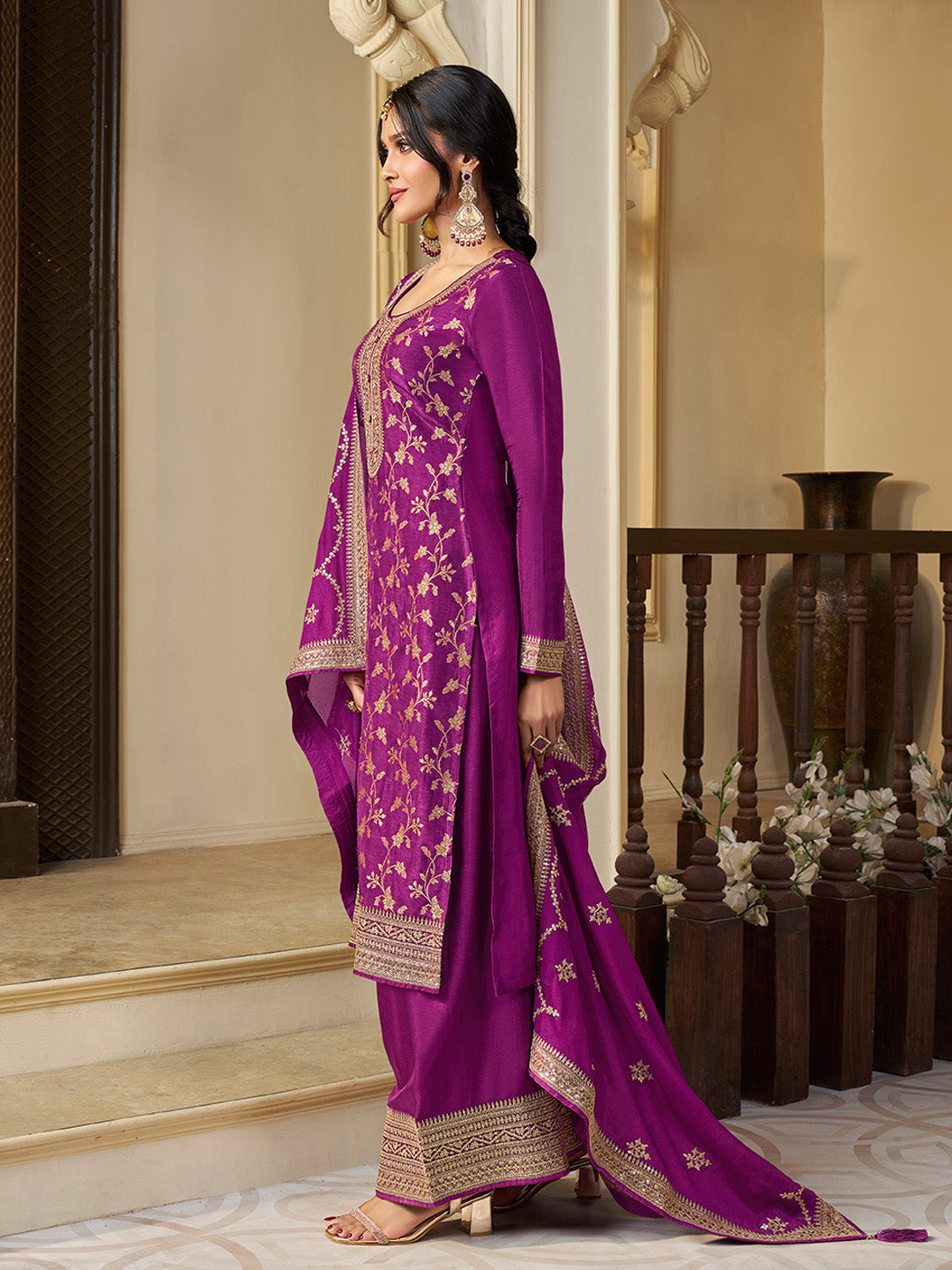 Purple Chinon Floral Jacquard Embroidered Top with Palazzo Suit Set - qivii