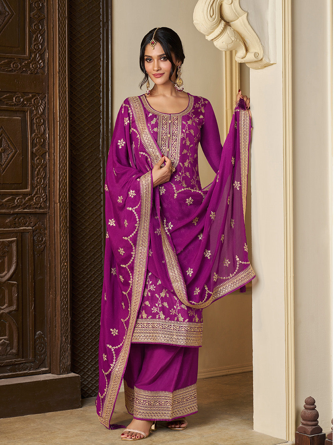 Purple Chinon Floral Jacquard Embroidered Top with Palazzo Suit Set - qivii