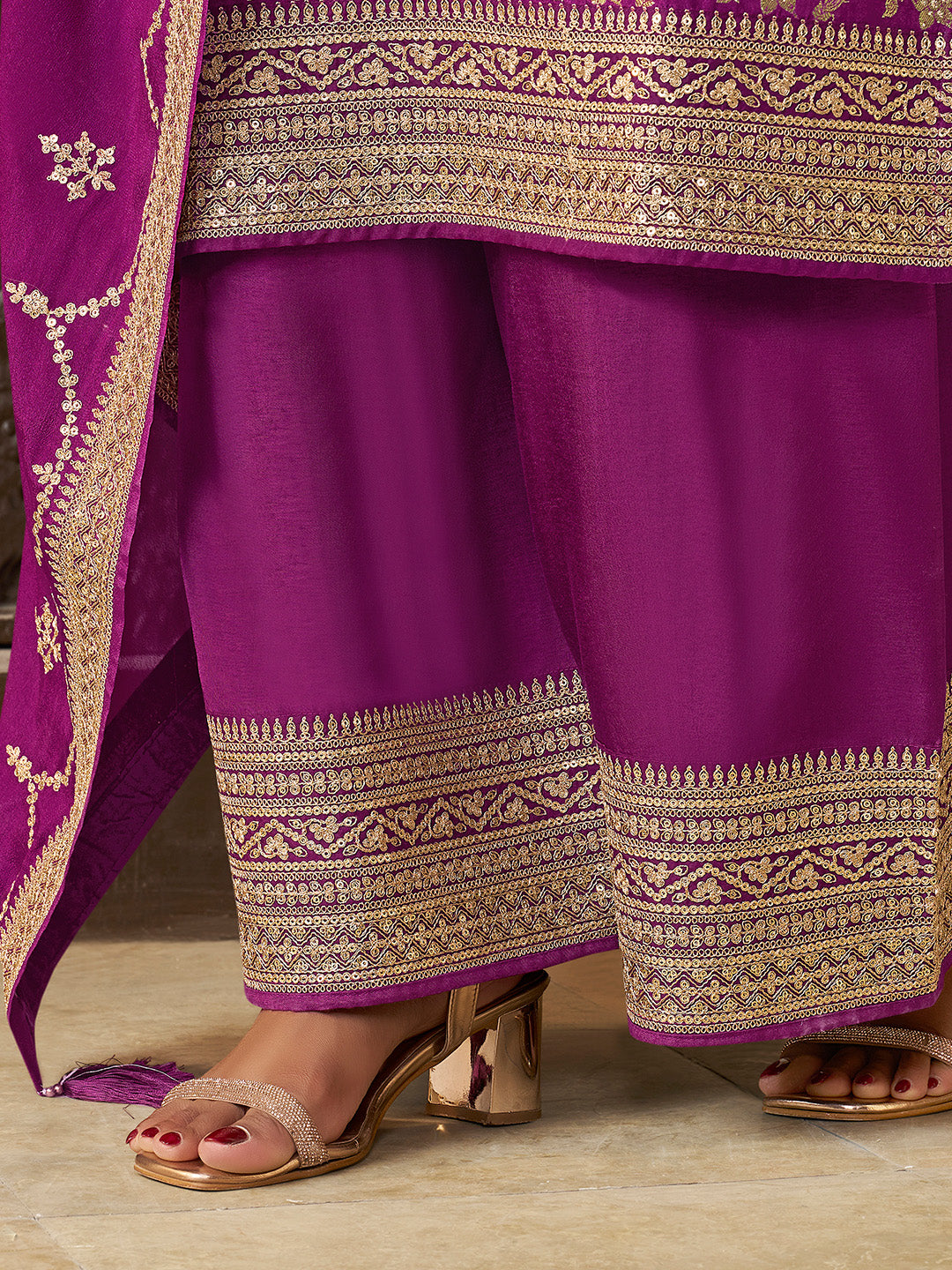 Purple Chinon Floral Jacquard Embroidered Top with Palazzo Suit Set - qivii