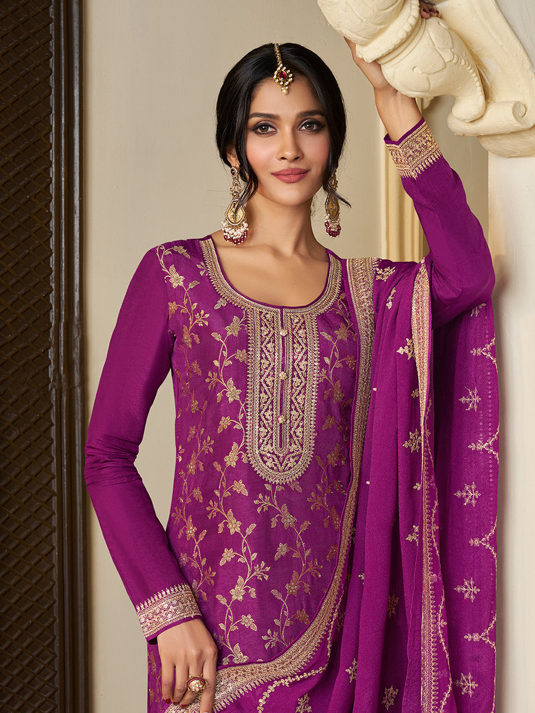 Purple Chinon Floral Jacquard Embroidered Top with Palazzo Suit Set - qivii