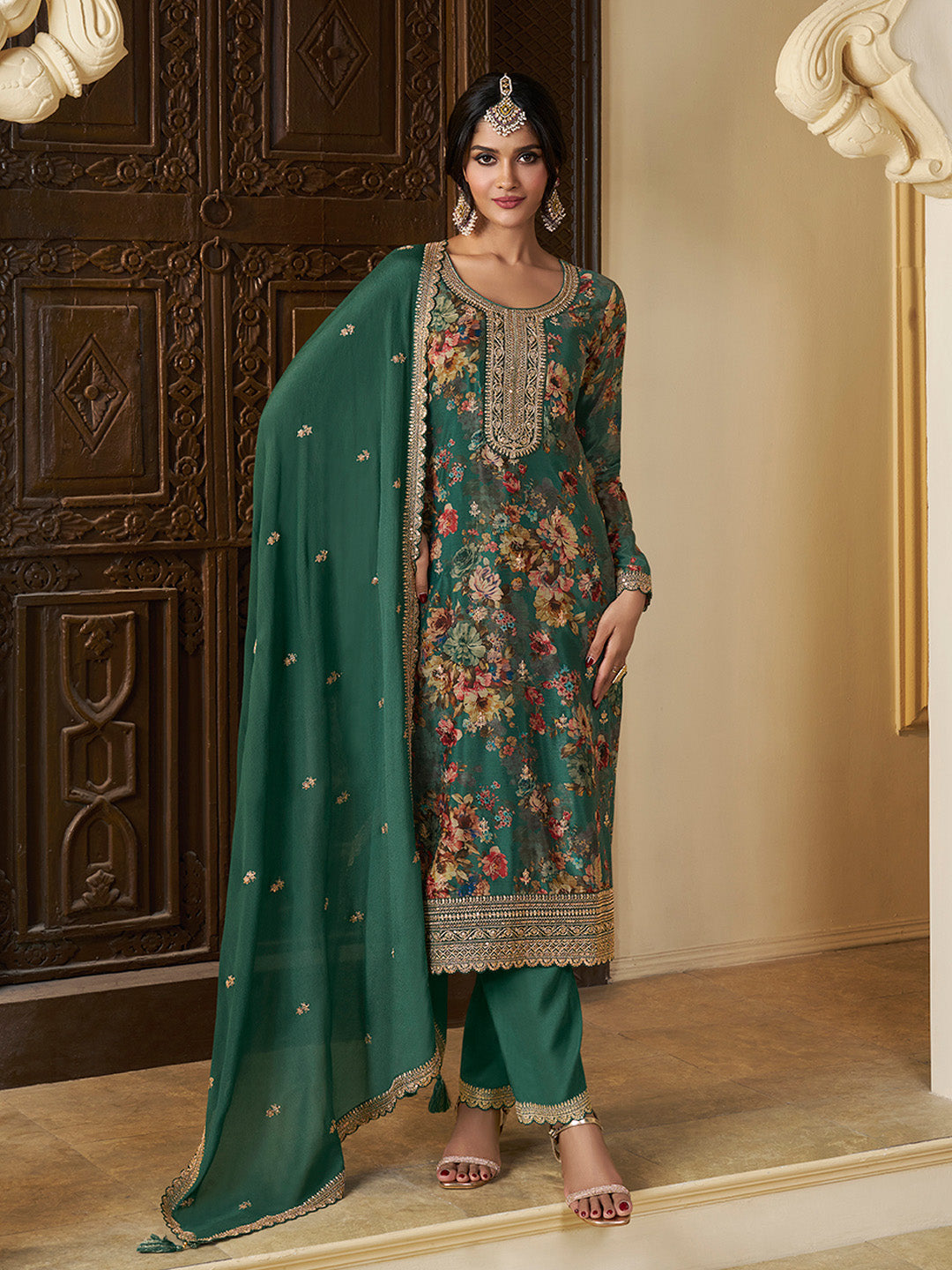 Green Chinon Floral Printed Top with Embroidery Kurta Suit Set - qivii