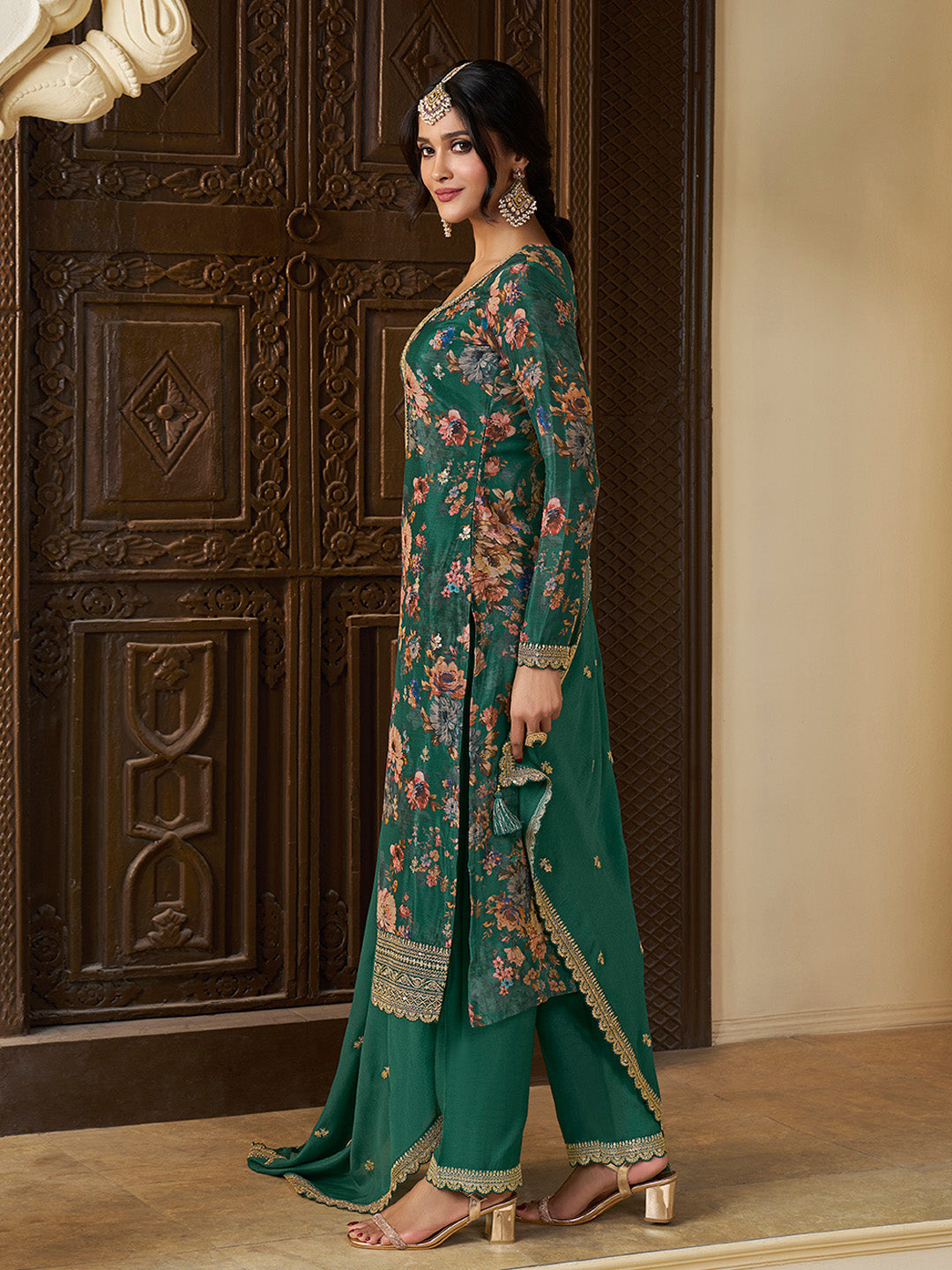 Green Chinon Floral Printed Top with Embroidery Kurta Suit Set - qivii