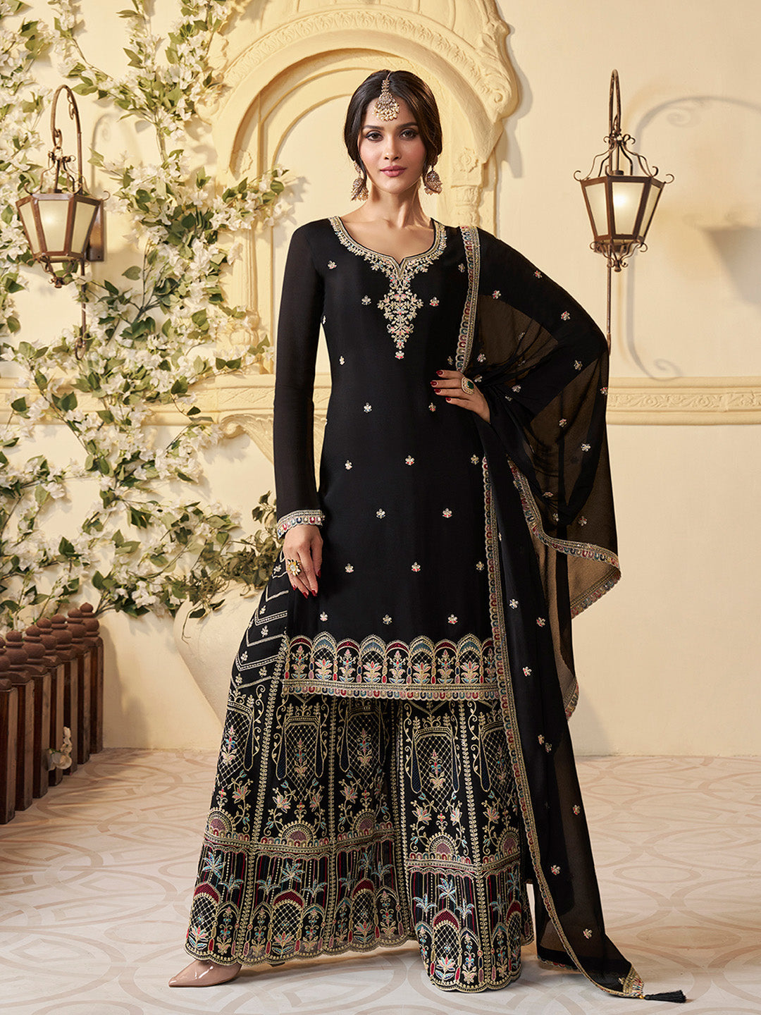 Designer Multi-Thread Embroidered Black Chinon Sharara Suit Set - qivii