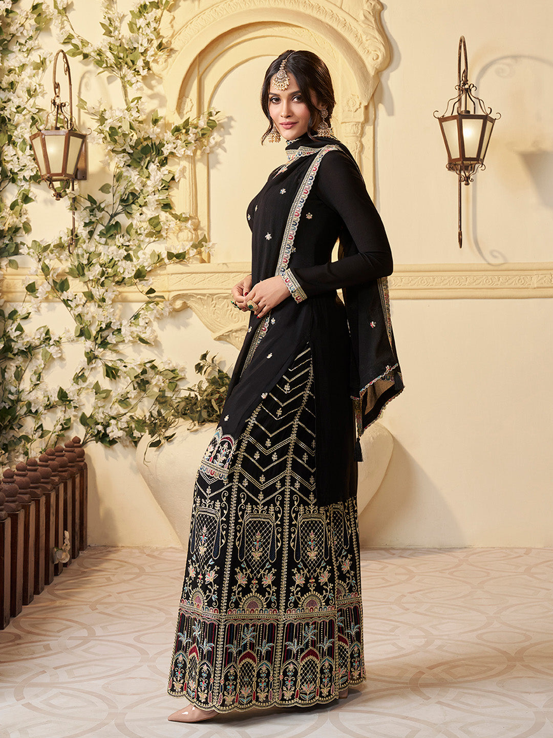 Designer Multi-Thread Embroidered Black Chinon Sharara Suit Set - qivii