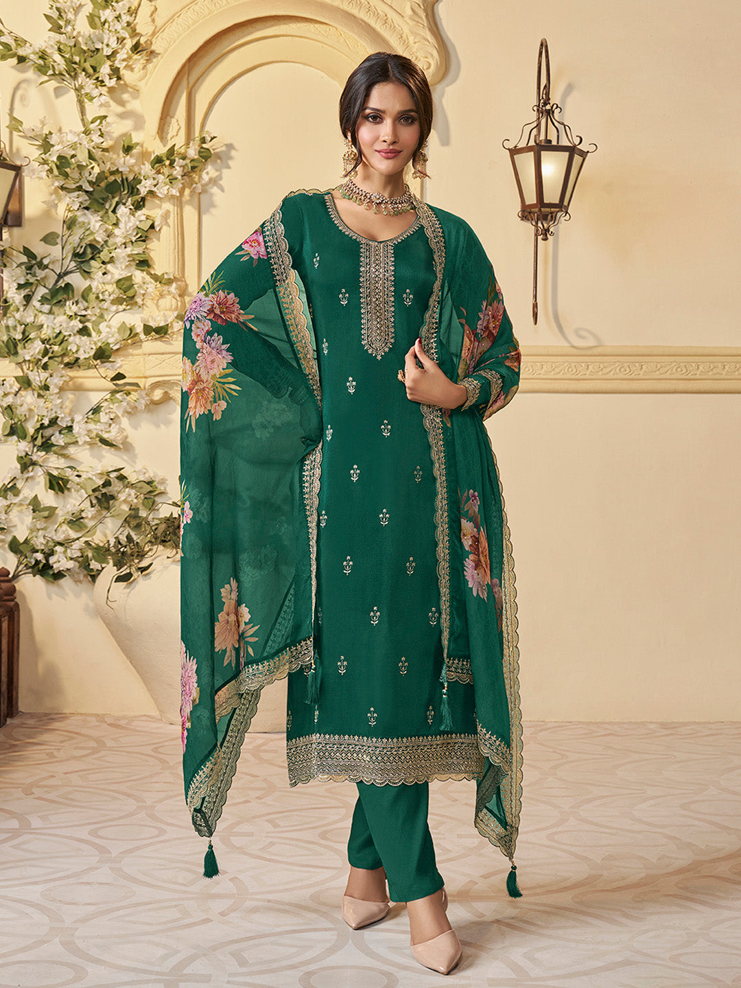 Green Munga Silk Embroidered Top with Matching Trouser and Digital Print Dupatta - qivii