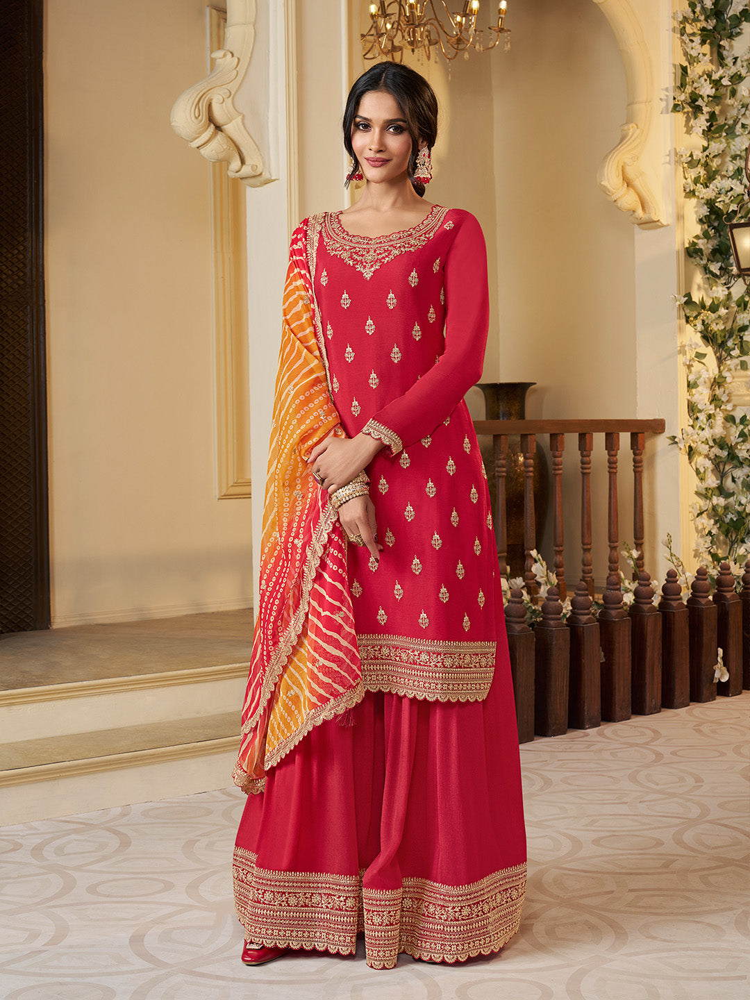 Red Chinon Embroidered Top with Matching Sharara and Dupatta Suit Set - qivii