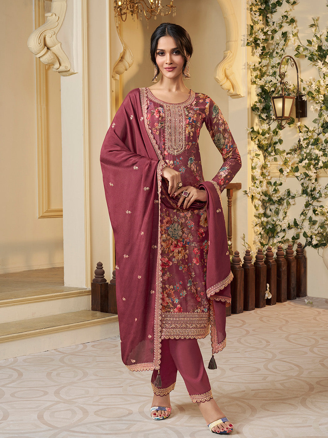 Red Chinon Floral Printed Top with Embroidery Kurta Suit Set - qivii