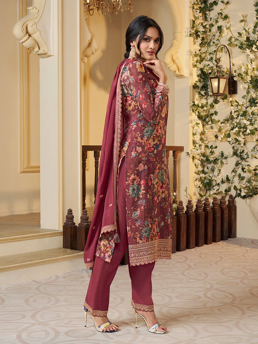 Red Chinon Floral Printed Top with Embroidery Kurta Suit Set - qivii