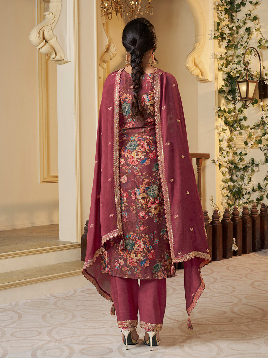 Red Chinon Floral Printed Top with Embroidery Kurta Suit Set - qivii