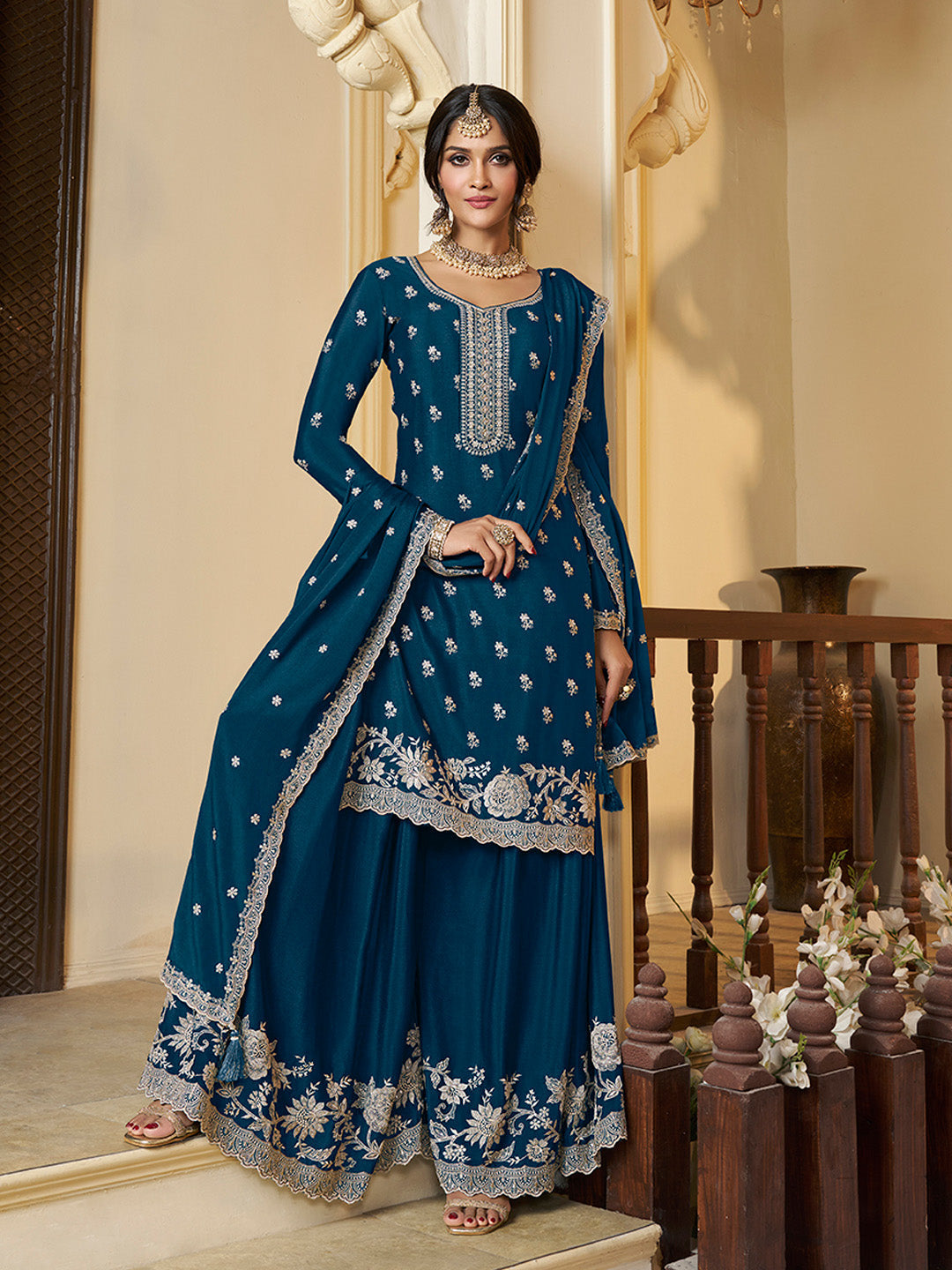 Blue Chinon Top with Thread Embroidery and Sharara Suit Set - qivii