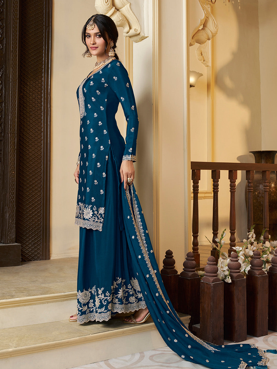 Blue Chinon Top with Thread Embroidery and Sharara Suit Set - qivii