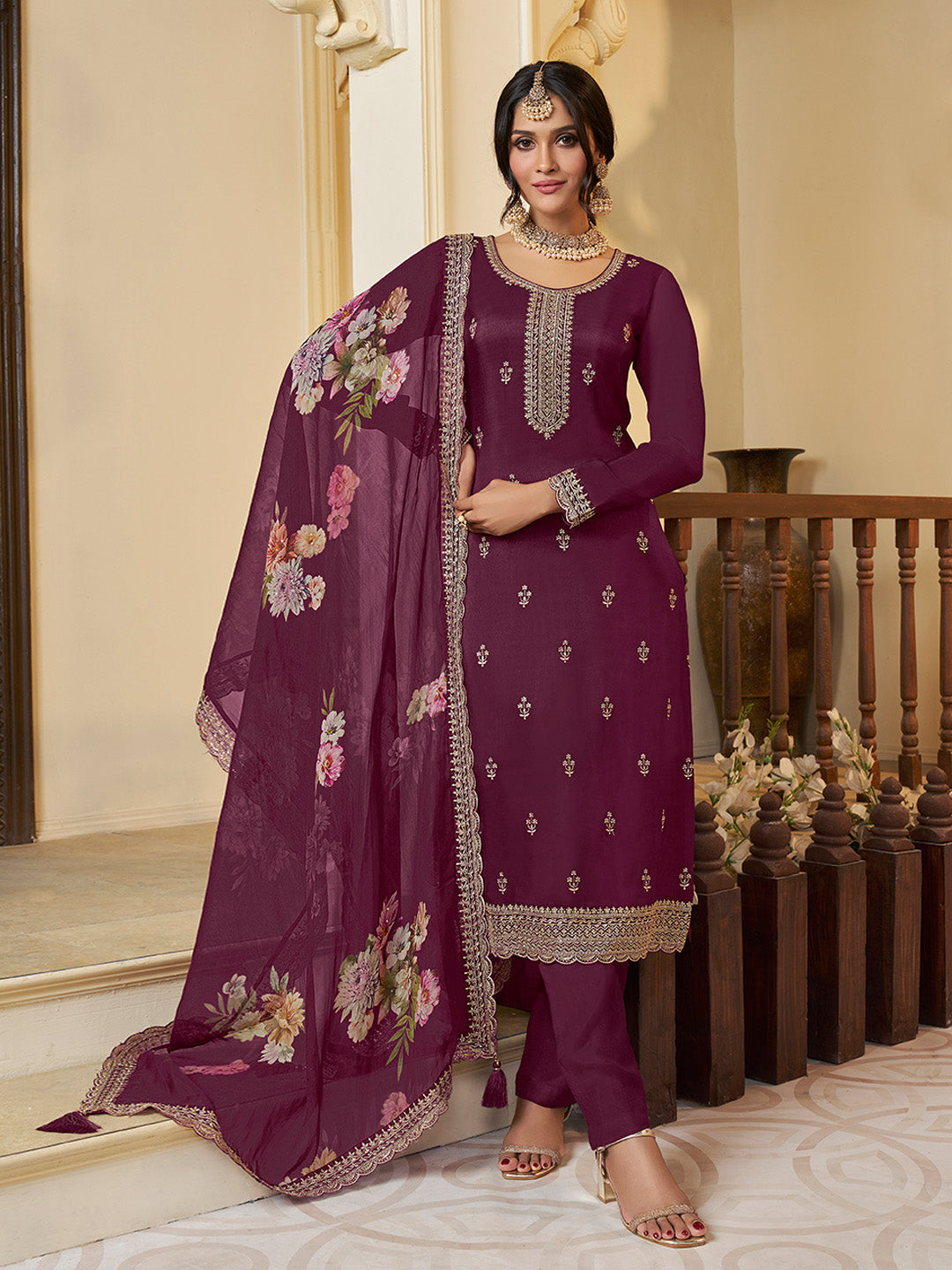 Wine Munga Silk Embroidered Top with Matching Trouser and Digital Print Dupatta - qivii