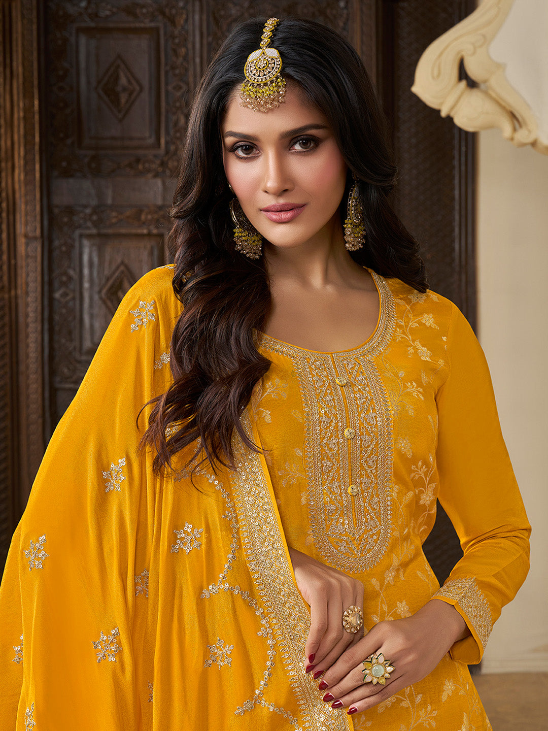 Yellow Chinon Floral Jacquard Embroidered Top with Palazzo Suit Set - qivii