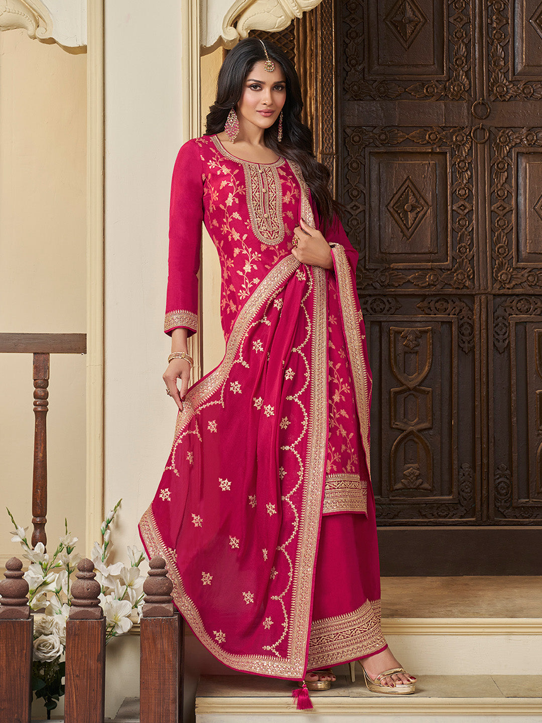 Pink Chinon Floral Jacquard Embroidered Top with Palazzo Suit Set - qivii