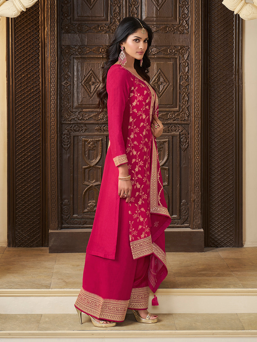 Pink Chinon Floral Jacquard Embroidered Top with Palazzo Suit Set - qivii