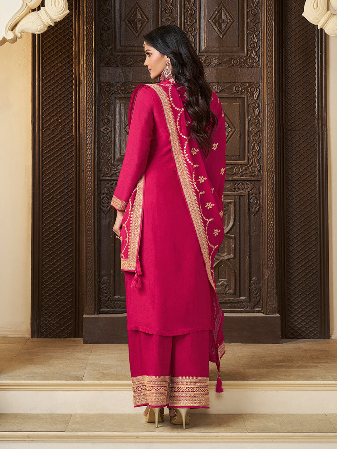 Pink Chinon Floral Jacquard Embroidered Top with Palazzo Suit Set - qivii